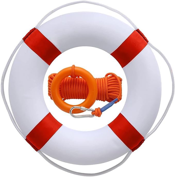 Lifebuoy Set 20Inch Life Preserver Ring and Water Floating Lifesaving Rope 98.4FT,Swim Foam Buoy,Swimming Pool Safety Throwing Ring with Perimeter Rope,Throwable Flotation Device