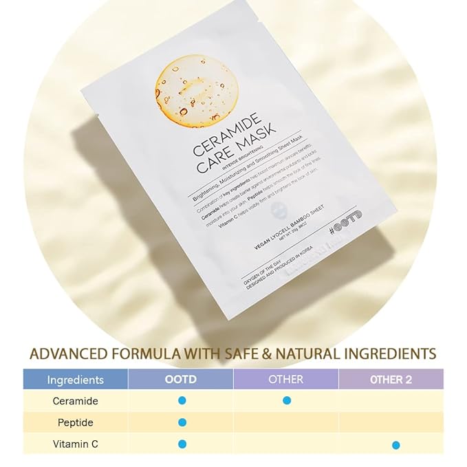 #OOTD Ceramide Brightening Sheet Mask For Face, Moisturizing, Anti Aging Ceramide, Peptide, Vitamin C, EVE Vegan 10EA-GravixFit