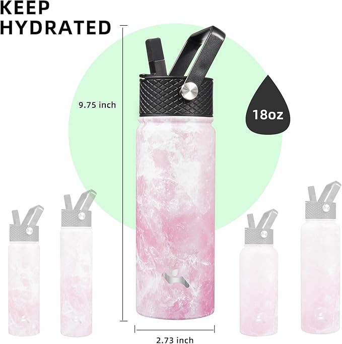 18 oz Insulated Water Bottle Stainless Steel Sport Bottles with 3 Lids,Marble Blossom-GravixFit