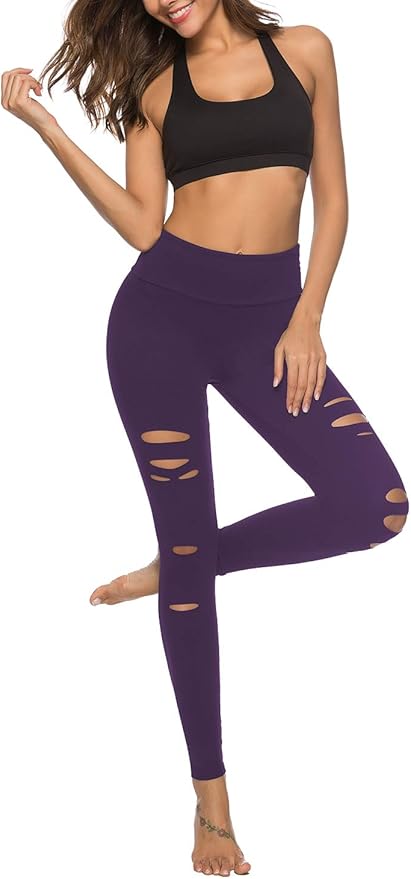 DIBAOLONG Womens High Waist Yoga Pants Cutout Ripped Tummy Control Workout Running Yoga Skinny Leggings-GravixFit