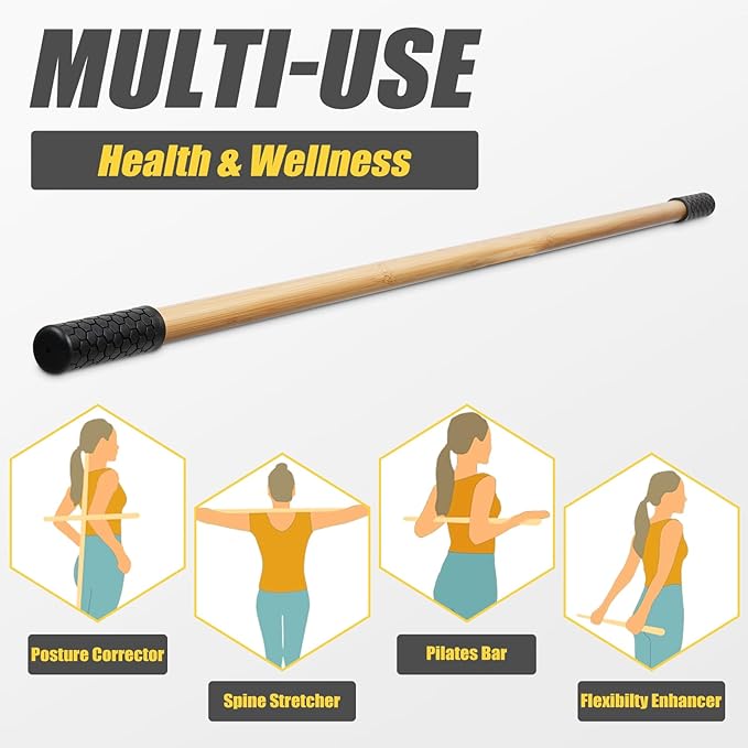 Bamboo Stretch Yoga Stick, 5ft/149 cm, Flexibility Stick for Physical Therapy, Premium Yoga Dowel with Super Sturdy Rubber Handle Ends, Exercise Bar for Posture Corrector-GravixFit