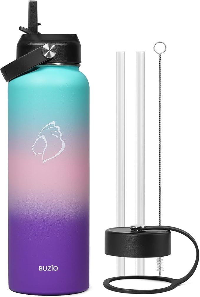 BUZIO 40oz Insulated Water Bottle, Stainless Steel Double Wall Water Flask (Cold for 48 Hrs) Leak Proof Sports Bottles Jug with Straw Lid and Flex Cap Metal Canteen for Gym Travel Camping, Hydrangea-GravixFit