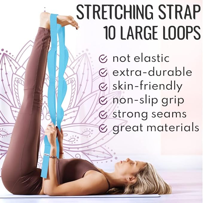 TECEUM Stretching Strap for Yoga & Physical Therapy – 10 Loops – Non-Elastic Leg Stretch Straps for Stretching, Exercising, Pilates, Post-Injury Rehabilitation for All Levels – Men & Women-GravixFit