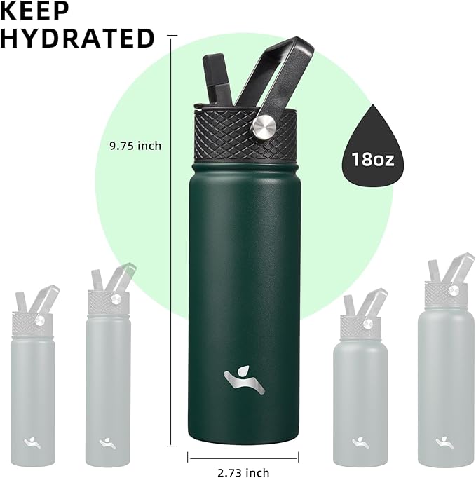 18 oz Insulated Water Bottle Stainless Steel Sport Bottles with 3 Lids,Army Green-GravixFit
