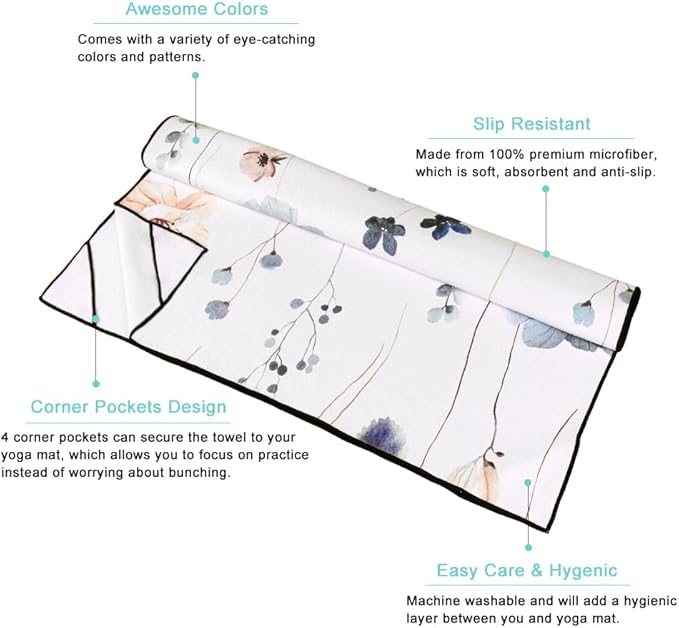 QiyI Floral Yoga Mat Towel with Corner Pockets, Non Slip Sweat Absorbent Hot Yoga Towels, Soft Yoga Blankets with Travel Bag, Mat Cover for Workout, Gym, Fitness - 70"x26", Watercolor Flowers-GravixFit