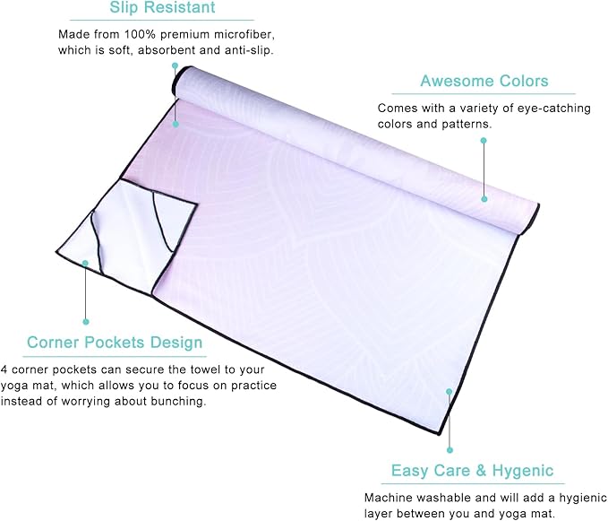 QiyI Yoga Mat Towel with Corner Pockets, Non Slip Sweat Absorbent Hot Yoga Towels, Soft Yoga Blankets with Travel Bag, Skidless Mat Cover for Workout, Gym, Fitness - 70"x26", Purple Mandala-GravixFit