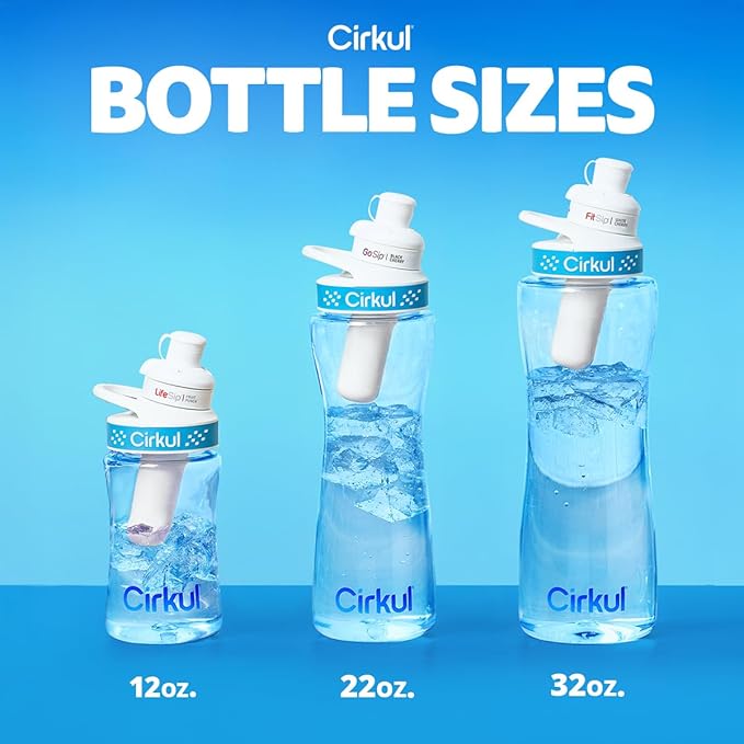 Cirkul 12oz. BPA-Free Plastic Water Bottle Starter Kit for Kids with Blue Lid, 2 Flavor Cartridges (1 LifeSip Fruit Punch, 1 FitSip Mixed Berry), No Sugar, Zero Calorie Drink Mix-GravixFit