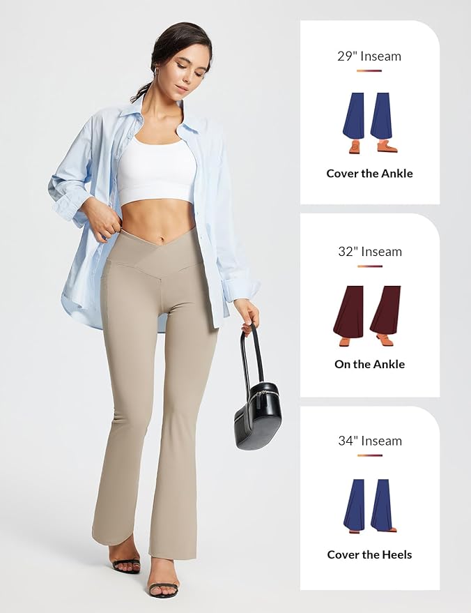 baleaf Women's V Crossover Flare Leggings with Pockets Yoga Pants High Waist Casual Workout Gym Bell Bottom Leggings-GravixFit
