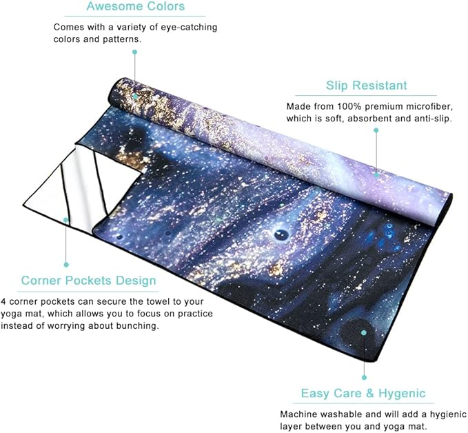 QiyI Yoga Mat Towel with Corner Pockets, Non Slip Sweat Absorbent Hot Yoga Towels, Soft Yoga Blankets with Travel Bag, Skidless Mat Cover for Workout, Gym, Fitness - 70"x26", Purple Gold Marble-GravixFit