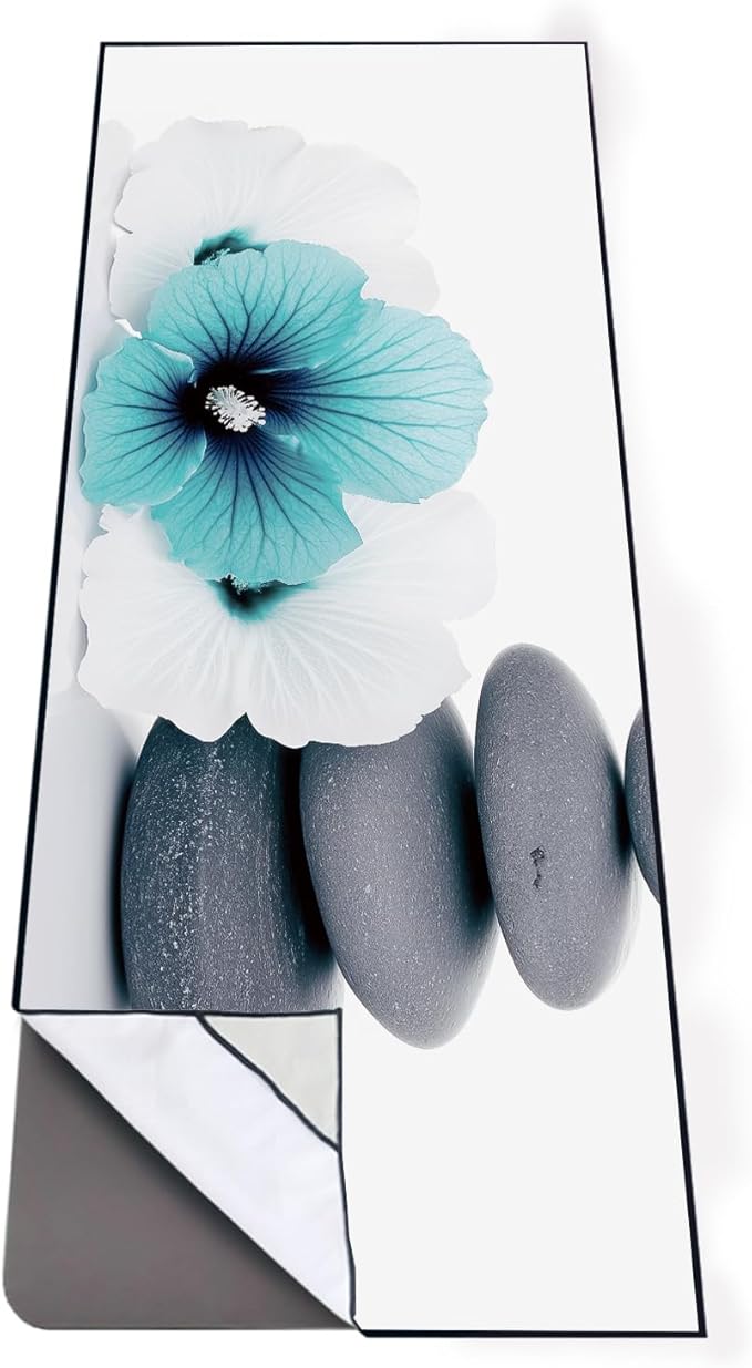 QiyI Yoga Towel with Travel Bag, Microfiber Mat-Sized Hot Yoga Towels, Non Slip Blanket with Corner Pockets, Quick Dry Mat Towel for Bikram, Pilates, Fitness - 70"x26", Pebbles & Blue White Flowers-GravixFit