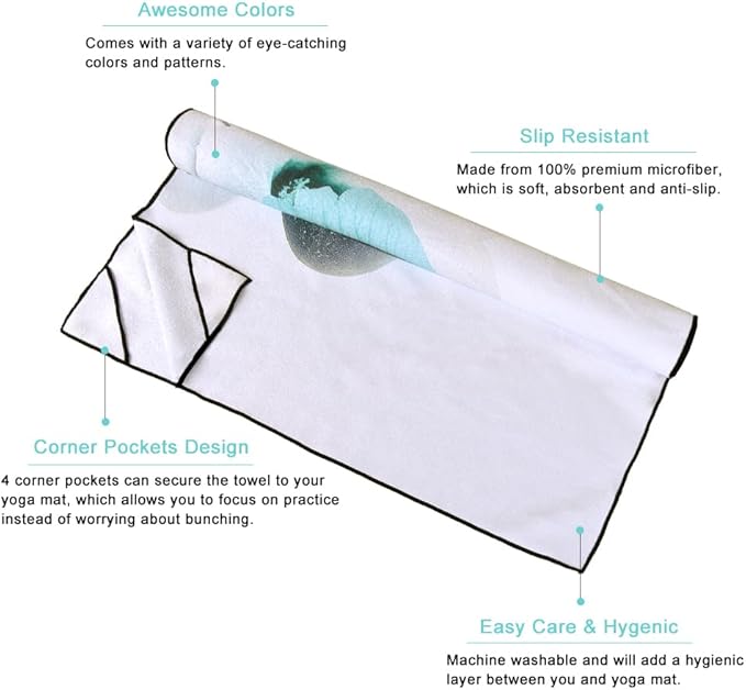 QiyI Yoga Towel with Travel Bag, Microfiber Mat-Sized Hot Yoga Towels, Non Slip Blanket with Corner Pockets, Quick Dry Mat Towel for Bikram, Pilates, Fitness - 70"x26", Pebbles & Blue White Flowers-GravixFit