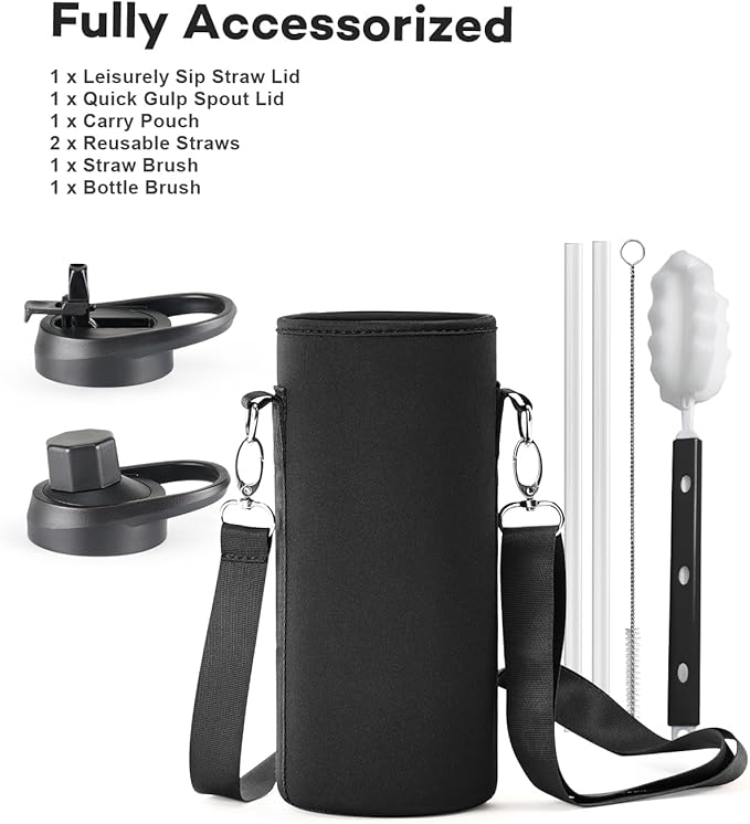 40 oz Insulated Water Bottle with Straw and Lid, Food-grade Double Wall Vacuum Stainless Steel Flask with Handle,Leakproof Metal Travel Jug With Carry Pouch and Brush,Keep Cold & Hot,Black-GravixFit