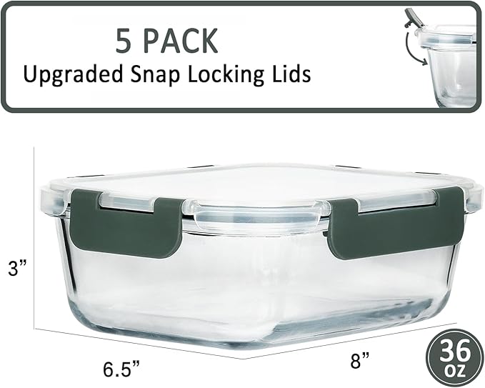 M MCIRCO [5-Packs, 36 Oz Glass Meal Prep Containers with Snap Locking Lids Glass Food Containers,Airtight Lunch Container,Microwave, Oven, Freezer and Dishwasher (4.5 Cup)-GravixFit