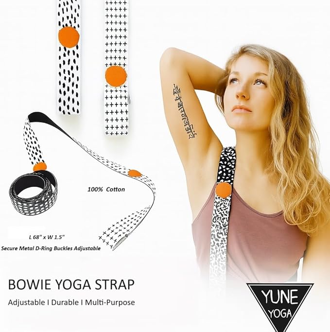 Yune Yoga Bowie Yoga Strap – 68" 100% Cotton Stretching & Carrying Strap with Metal D-Ring – Yoga Accessory for Pilates, Flexibility & Home Practice-GravixFit