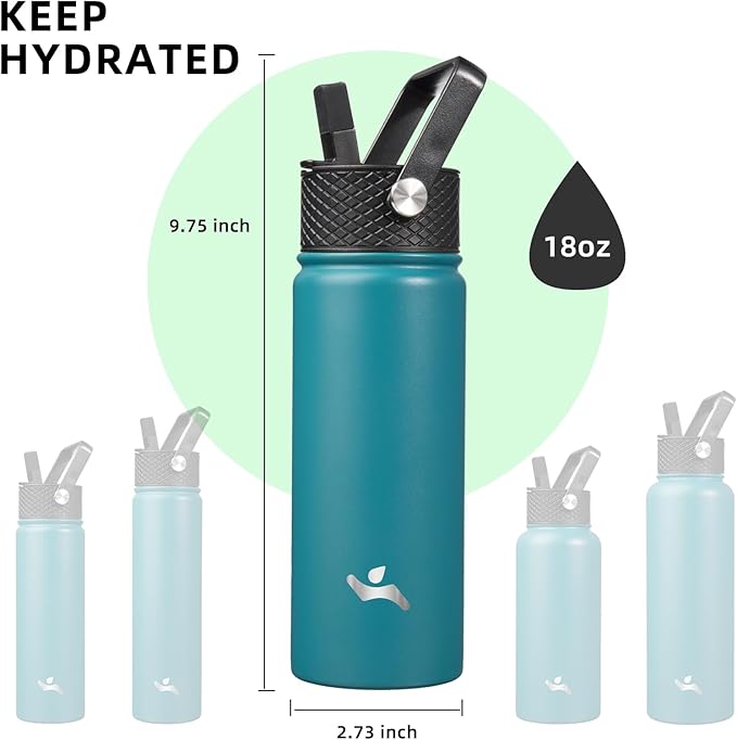18 oz Insulated Water Bottle Stainless Steel Sport Bottles with 3 Lids,Light Blue-GravixFit