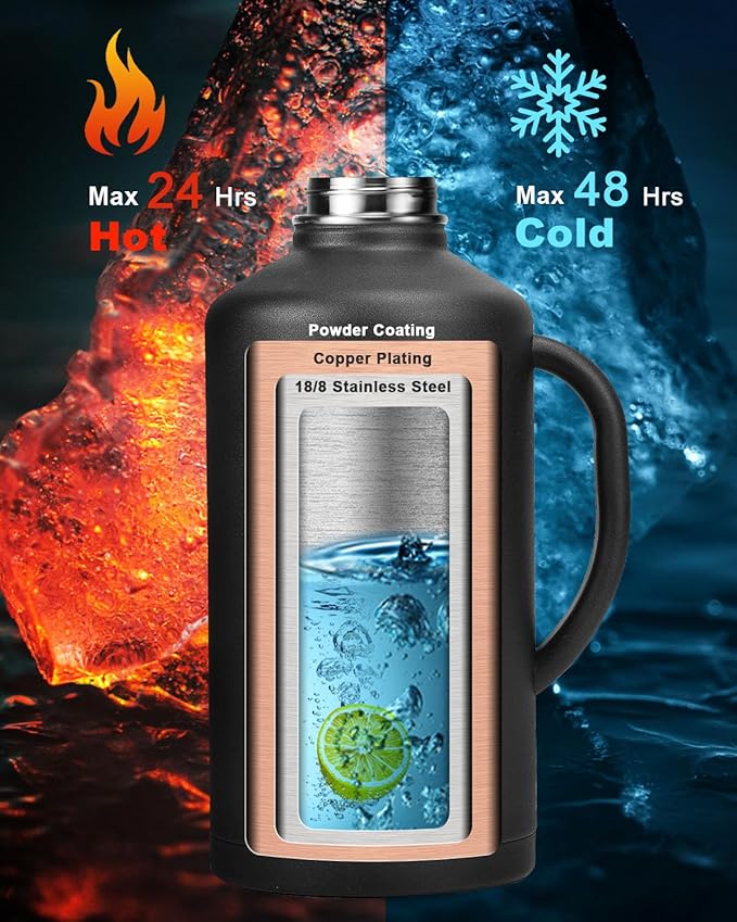 128 oz Insulated Water Bottle with Straw and Lid, One Gallon Stainless Steel Cup with Handle,Leakproof Metal Travel Jug Flask Mug Tumbler Cup With Carry Pouch and Brush,Keep Cold & Hot,Black-GravixFit