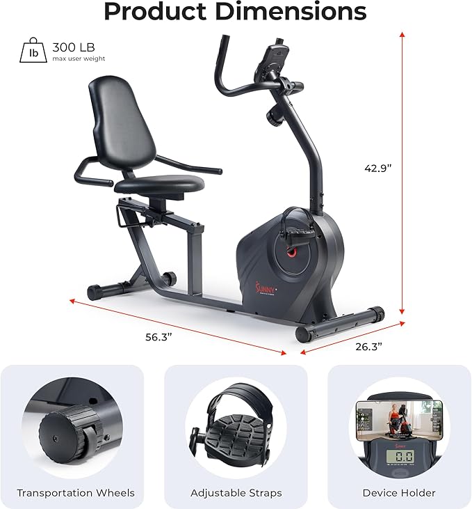 Sunny Health & Fitness Smart Heavy-Duty Recumbent Bike w/Wide Cushioned Seat & Back, Indoor Cycling Machine for Adult/Seniors Home Exercise, Free SunnyFit App Connect, Optional Workout Training Bands-GravixFit