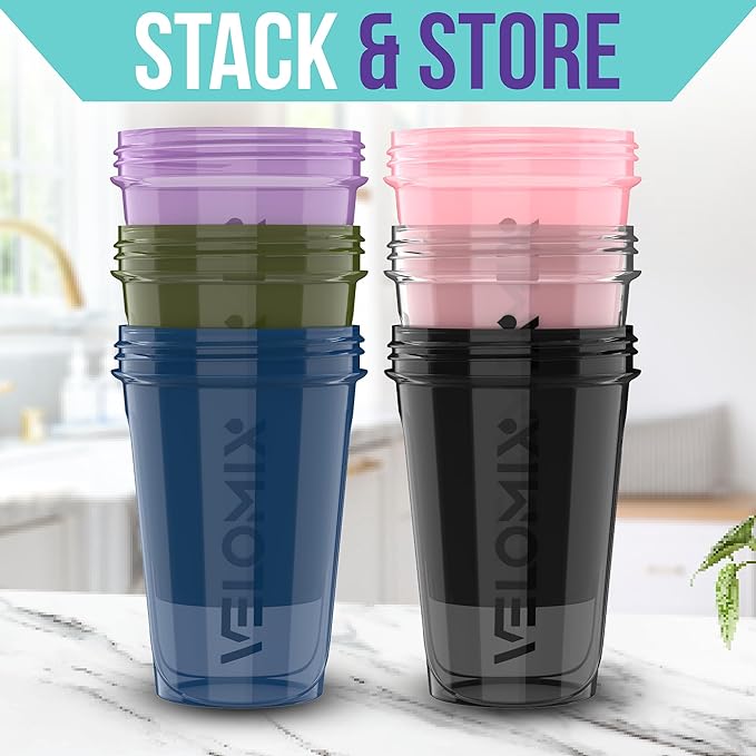 '-6 PACK- Shaker Cups for Protein Shakes 20 oz - 6x Wire Whisk | Leak Proof Protein Shaker Bottle for Protein Shakes, Shaker Bottle Pack for Pre & Post Workout, Shaker Cup (Muted Contrast)-GravixFit