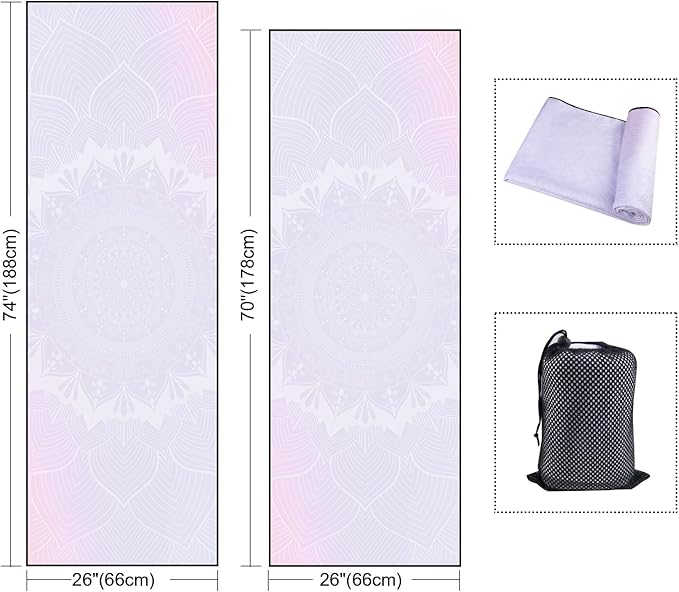QiyI Yoga Mat Towel with Corner Pockets, Non Slip Sweat Absorbent Hot Yoga Towels, Soft Yoga Blankets with Travel Bag, Skidless Mat Cover for Workout, Gym, Fitness - 70"x26", Purple Mandala-GravixFit