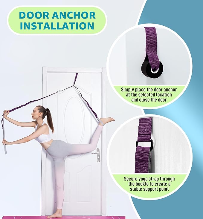 HiRui Stretching Strap Yoga Strap with Door Anchor, 14-Loops Non-Elastic Stretch Straps for Physical Therapy, Pilates, Dance, Gymnastics | Stretch Band with Workout Guide for Women & Men-GravixFit