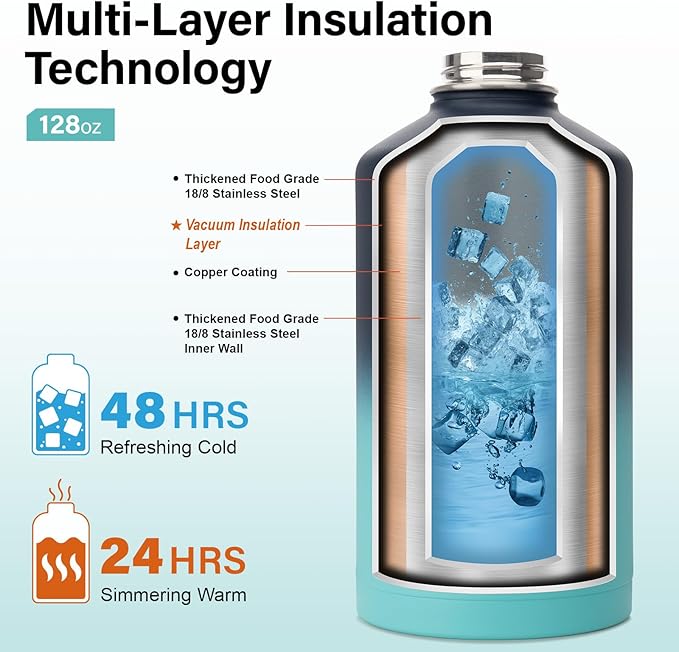 1 Gallon Water Bottle Insulated | Thickened Stainless Steel Vacuum Metal Water Jug | Portable Sports Large for Gym and Hiking with Straw, Carrier Bag, Handle Strap | BPA-Free 128 oz-GravixFit
