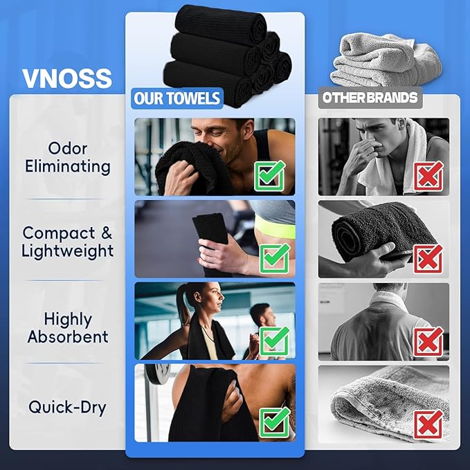 Microfiber Gym Towels for Working Out, Quickly Dry Yoga Towels for Men & Women Tennis, 16 Inch x 27 Inch, 6 Pack, Black-GravixFit
