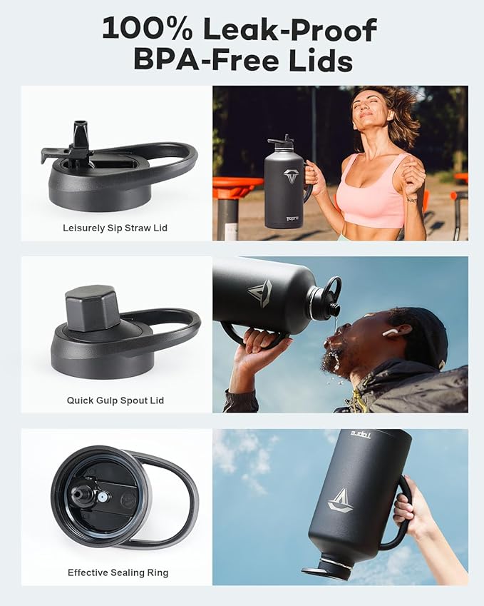 128 oz Insulated Water Bottle with Straw and Lid, One Gallon Stainless Steel Cup with Handle,Leakproof Metal Travel Jug Flask Mug Tumbler Cup With Carry Pouch and Brush,Keep Cold & Hot,Black-GravixFit