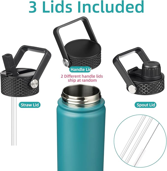 18 oz Insulated Water Bottle Stainless Steel Sport Bottles with 3 Lids,Light Blue-GravixFit