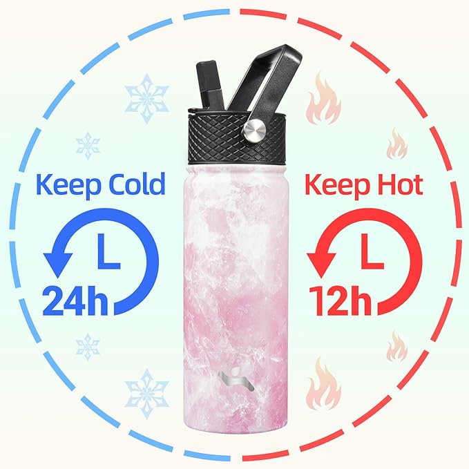 18 oz Insulated Water Bottle Stainless Steel Sport Bottles with 3 Lids,Marble Blossom-GravixFit