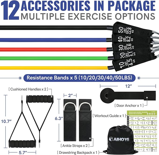 Aihoye Resistance Bands for Working Out, Exercise Bands with Handles, Stretch Bands for Exercise, Workout Bands with Door Anchors for Physical Therapy & Strength Training-GravixFit