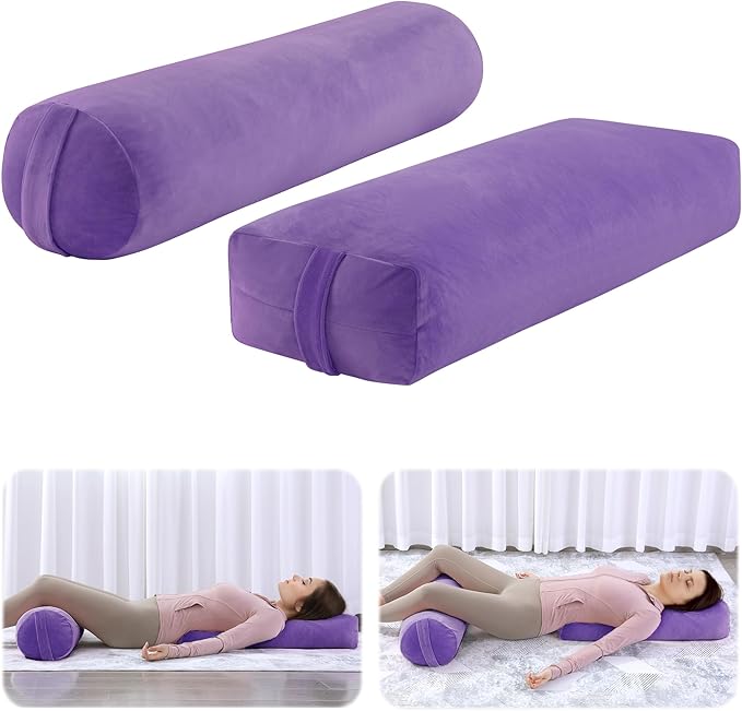 ROYALAY 2 Pcs Yoga Bolster Pillow for Restorative Yoga, Rectangular and Cylinder Meditation Pillow Set with Carrying Handles, Supportive Cushion for Exercise Workout Stretching Meditation,Purple-GravixFit
