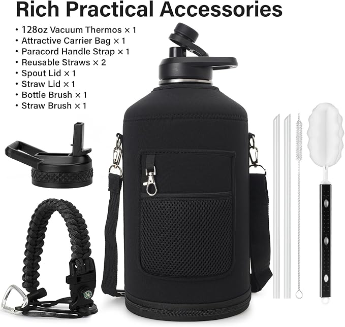 1 Gallon Water Bottle Insulated | Thickened Stainless Steel Vacuum Metal Water Jug | Portable Sports Large for Gym and Hiking with Straw, Carrier Bag, Handle Strap | BPA-Free 128 oz-GravixFit