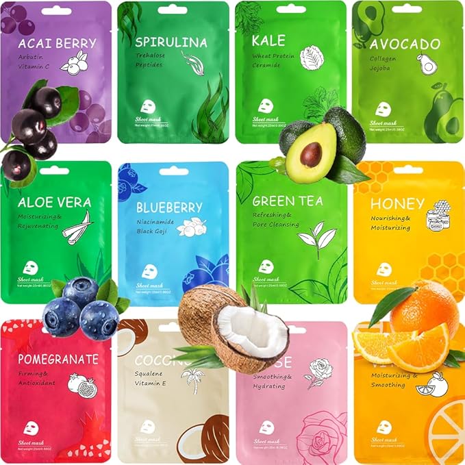 12 Pack Collagen Face Masks Skincare Bulk,Hydrating Spa Face Mask for Sensitive Skin,Sheet Mask for Skin Care, Facial Mask Sets Gifts for Women/Teen Girls/Kids-GravixFit