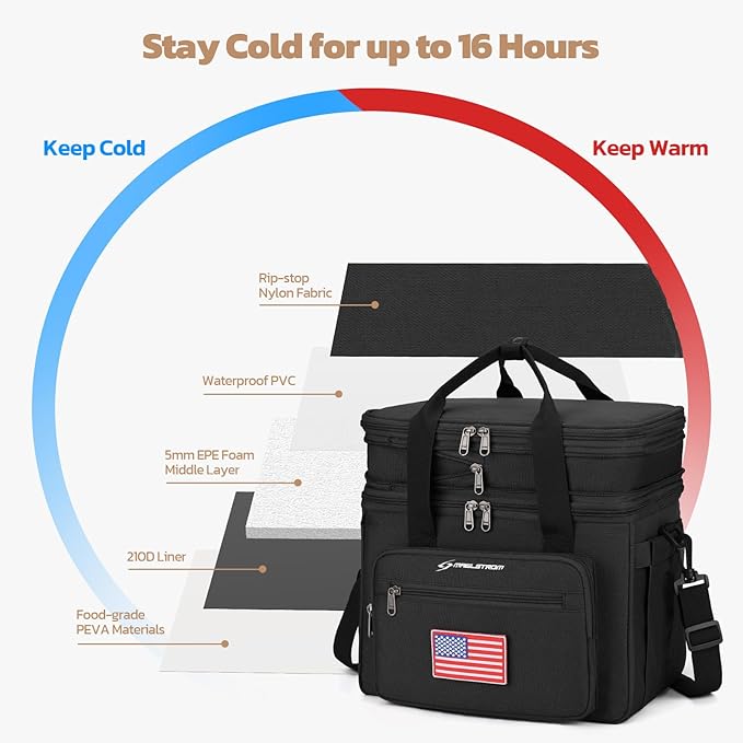 Maelstrom Tactical Lunch Box for Men, 23L Insulated Lunch Bag, Expandable Double Deck Cooler Bag, Lightweight Leakproof Tote Bag With Side Tissue Pocket, Suit For Men and Women, Black-GravixFit