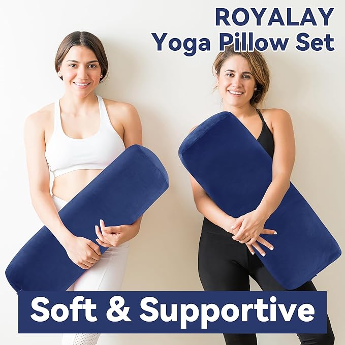 ROYALAY 2 Pcs Yoga Bolster Pillow for Restorative Yoga, Rectangular and Cylinder Meditation Pillow Set with Carrying Handles, Supportive Cushion for Exercise Workout Stretching Meditation,Dark Blue-GravixFit