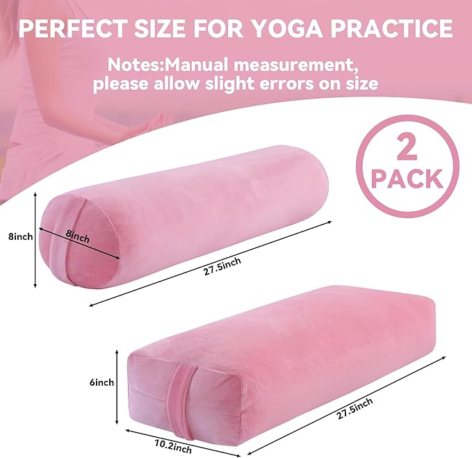 ROYALAY 2 Pcs Yoga Bolster Pillow for Restorative Yoga, Rectangular and Cylinder Meditation Pillow Set with Carrying Handles, Supportive Cushion for Exercise Workout Stretching Meditation,Pink-GravixFit