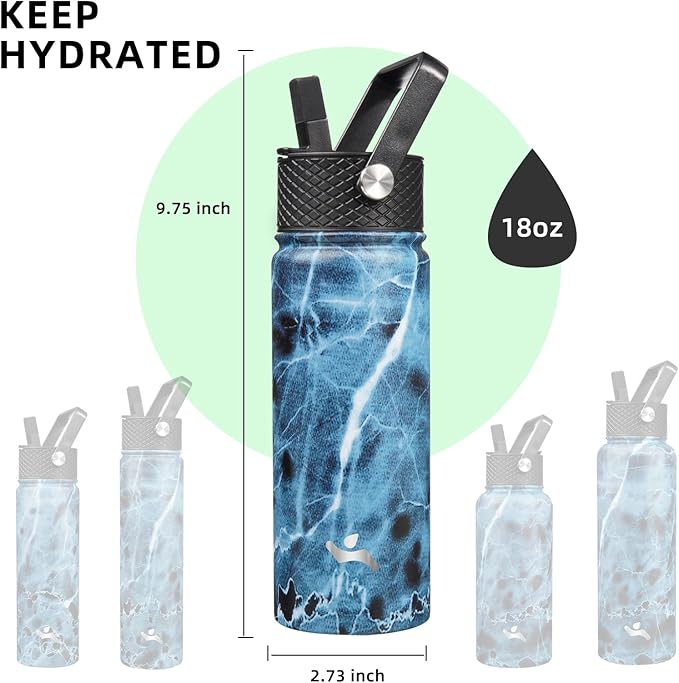18 oz Insulated Water Bottle Stainless Steel Sport Bottles with 3 Lids,Marble Ocean-GravixFit