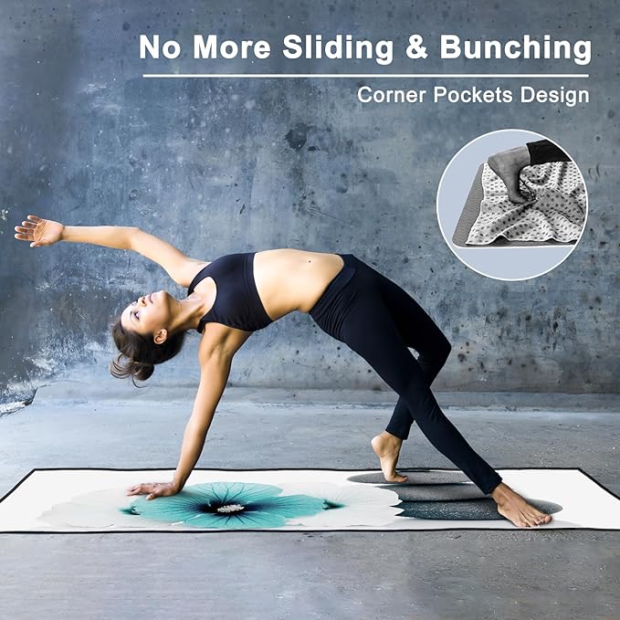 QiyI Large Yoga Mat Towel with Corner Pockets, Non Slip Sweat Absorbent Hot Yoga Towels, Soft Yoga Blankets Skidless Mat Cover for Workout, Gym, Fitness - 74"x26", Pebbles & Blue White Flowers-GravixFit