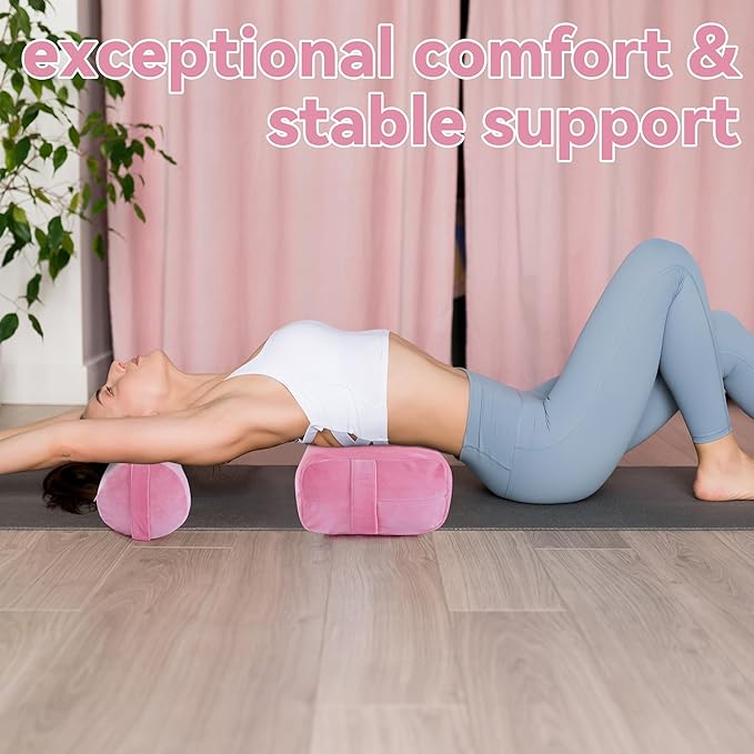 ROYALAY 2 Pcs Yoga Bolster Pillow for Restorative Yoga, Rectangular and Cylinder Meditation Pillow Set with Carrying Handles, Supportive Cushion for Exercise Workout Stretching Meditation,Pink-GravixFit