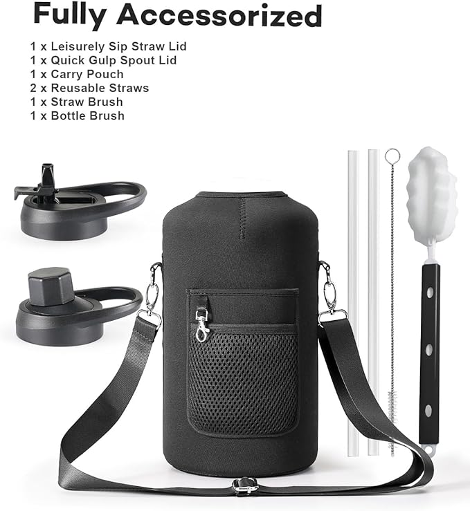 128 oz Insulated Water Bottle with Straw and Lid, One Gallon Stainless Steel Cup with Handle,Leakproof Metal Travel Jug Flask Mug Tumbler Cup With Carry Pouch and Brush,Keep Cold & Hot,Black-GravixFit
