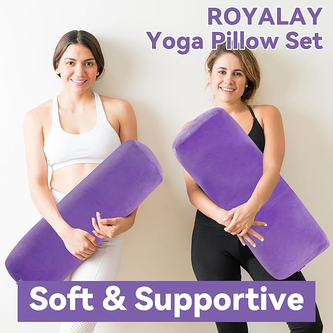 ROYALAY 2 Pcs Yoga Bolster Pillow for Restorative Yoga, Rectangular and Cylinder Meditation Pillow Set with Carrying Handles, Supportive Cushion for Exercise Workout Stretching Meditation,Purple-GravixFit