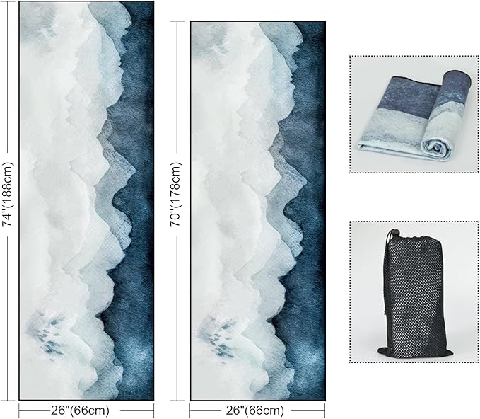 QiyI Yoga Mat Towel with Corner Pockets, Non Slip Sweat Absorbent Hot Yoga Towels, Soft Yoga Blankets with Travel Bag, Skidless Mat Cover for Workout, Gym, Fitness - 70"x26", Watercolor Mountain-GravixFit
