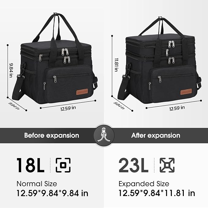 Maelstrom Lunch Box, 23L Insulated Lunch Bag, Expandable Double Deck Cooler Bag, Lightweight Leakproof Tote Bag With Side Tissue Pocket, Suit For Men and Women, Black-GravixFit