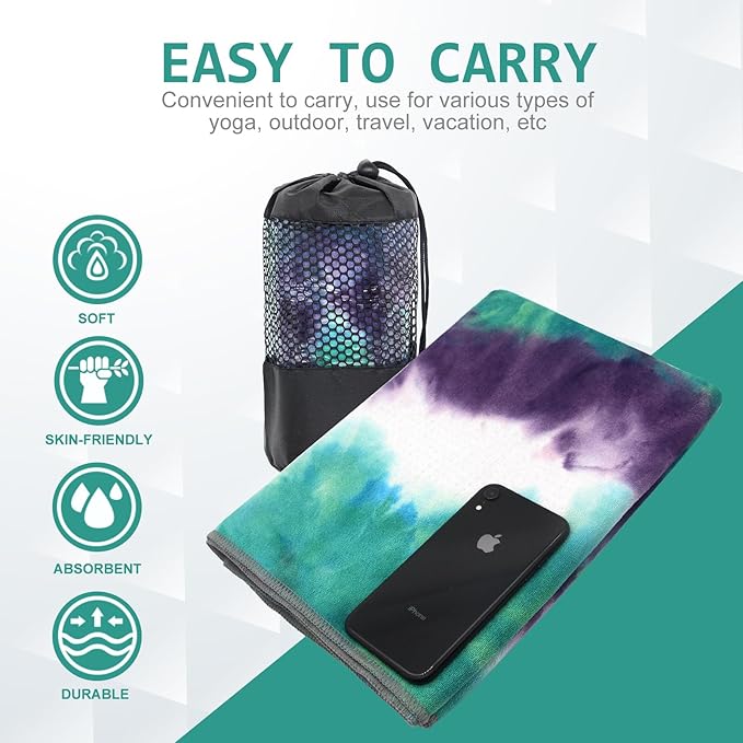 Eunzel Yoga Towel,Hot Yoga Mat Towel with Grip Dots Sweat Absorbent Non-Slip for Hot Yoga, Pilates and Workout 24" x72", Green & Purple-GravixFit