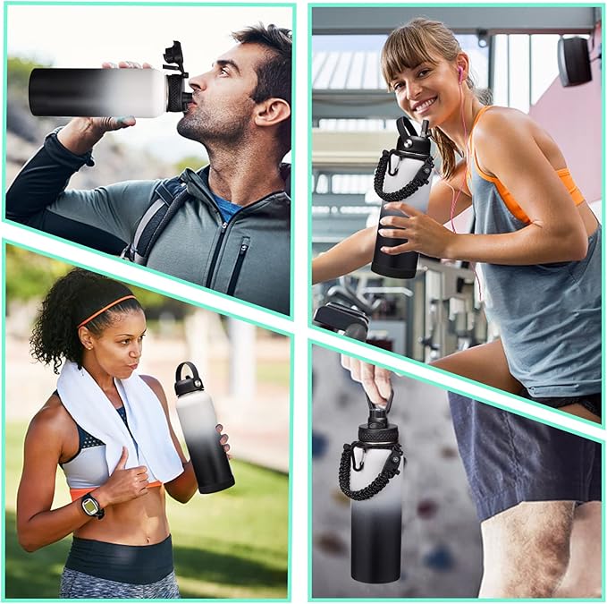 Stainless Steel Water Bottle 40oz with Straw & Auto Spout Lids, Paracord Handle, Insulated Water Flask Carrier Bag & Protective Boot, Thermo Bottle Mug Metal Canteen Keep Cold-48H & Hot-24H-GravixFit