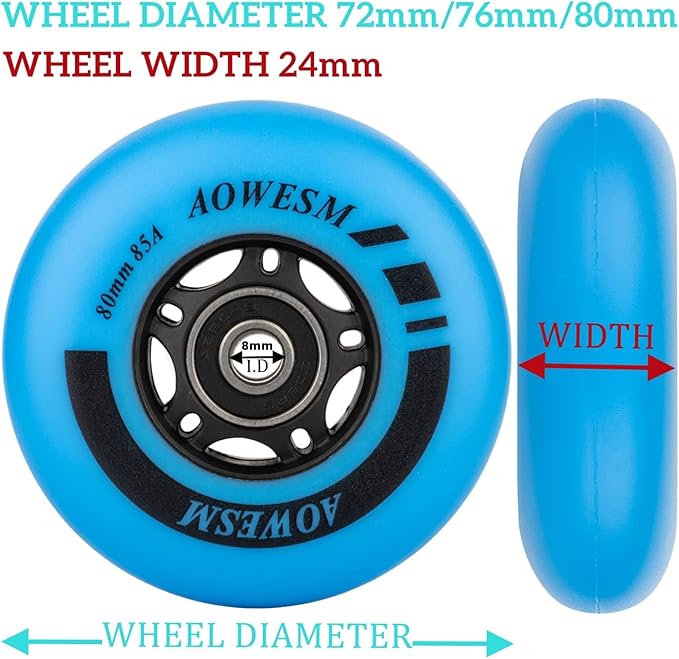 AOWESM Inline Skate Wheels 80mm 76mm 72mm 85a Outdoor Indoor Black Blue Red Roller Hockey Blades Replacement Wheels w/Bearings ABEC-9 and Floating Spacers (8-Pack)-GravixFit