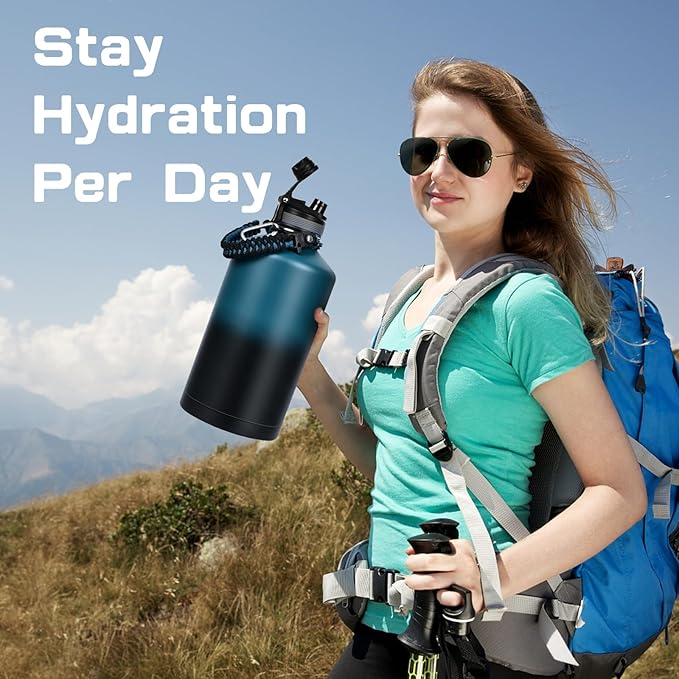 1 Gallon Water Bottle Insulated, Leak Proof 128 oz Stainless Steel Water Jug with Straw/Spout 2-in-1 Lid, Sleeve, Paracord Handle, Silicone Boot, One Gal Metal Canteen for Gym Sport Camping-GravixFit
