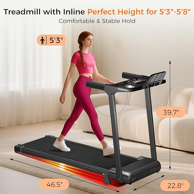 Treadmill with Incline, 3.0HP Small Treadmills for Home, Portable Electric Treadmill with Handles,Lightweight Walking Pad,Compact Running Treadmills,Walking Pad with Handle,LED Dispay,300LBS Capacity