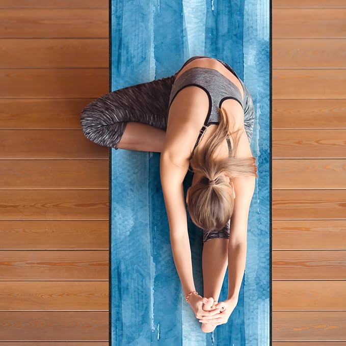 QiyI Yoga Mat Towel with Corner Pockets, Non Slip Sweat Absorbent Hot Yoga Towels, Soft Yoga Blankets with Travel Bag, Skidless Mat Cover for Workout, Gym, Fitness - 70"x26", Blue Tie Dye-GravixFit