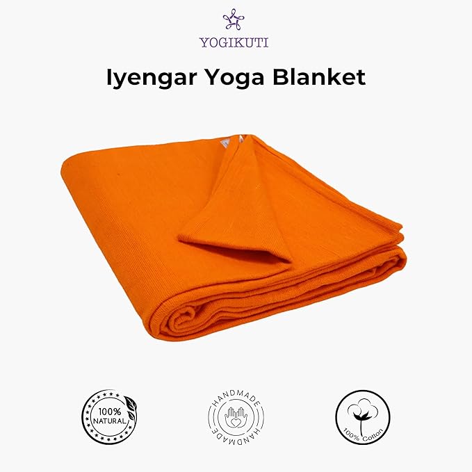Yogikuti Iyengar Cotton Yoga Blanket Set of One – Thick Handwoven Yoga Blankets for Restorative Yoga, Meditation & Pranayama – Premium Cotton Yoga Blanket for Support & Comfort in Pranayama (Orange)-GravixFit